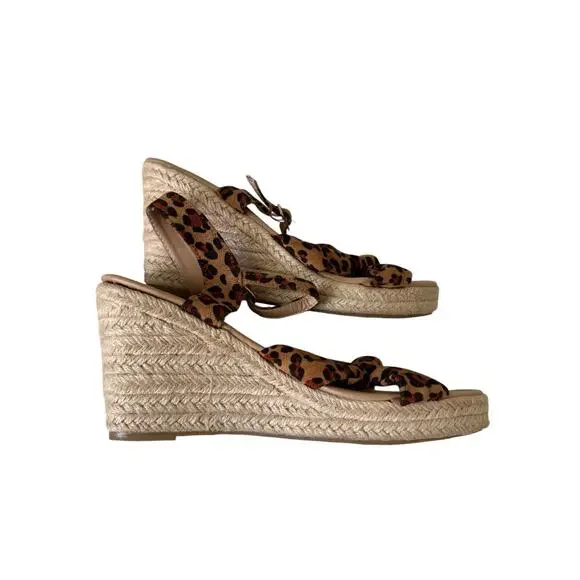 Leopard Print Wedge Sandals Women’s 8.5 Espadrille Platform Bow Strappy Shoes - Picture 6 of 10